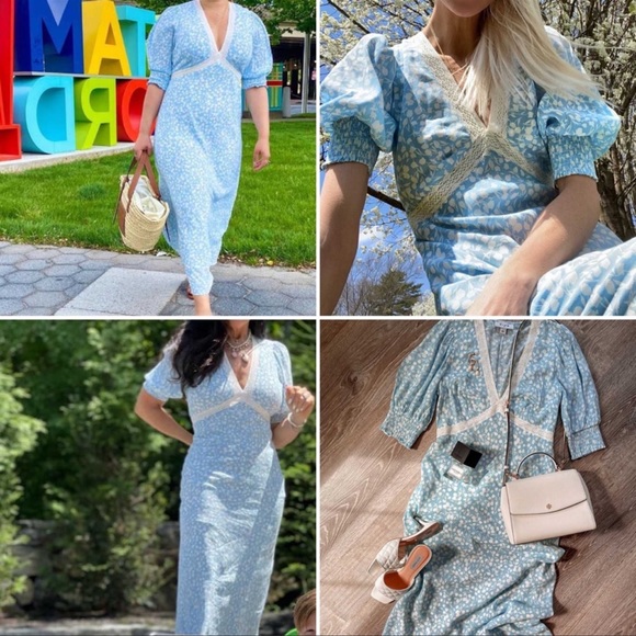 RIXO Blue and White Floral Puffed Sleeve Dress - Picture 3 of 12